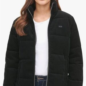 Worn once. Navy blue Puffer Jacket with Stand-Up Collar